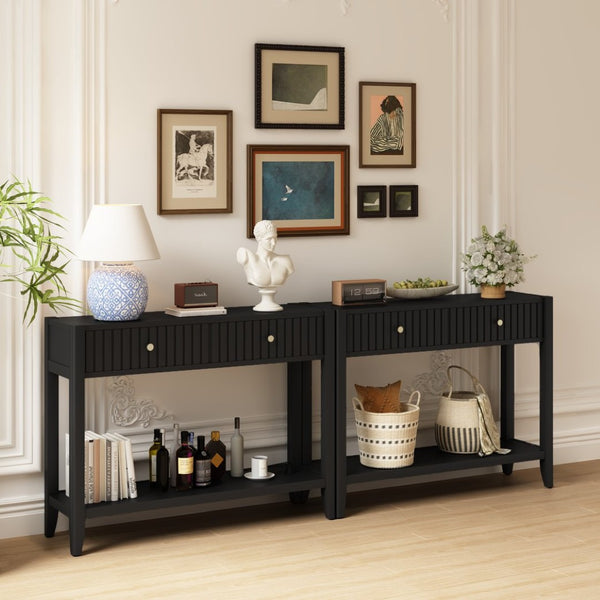 English Elm 29.53" Matte Finish Slim Wood Console Table with Drawers Open Shelf Entryway Hallway Black W808P402128