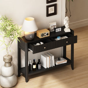 English Elm 29.53" Matte Finish Slim Wood Console Table with Drawers Open Shelf Entryway Hallway Black W808P402128