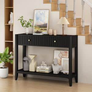 English Elm 29.53" Matte Finish Slim Wood Console Table with Drawers Open Shelf Entryway Hallway Black W808P402128