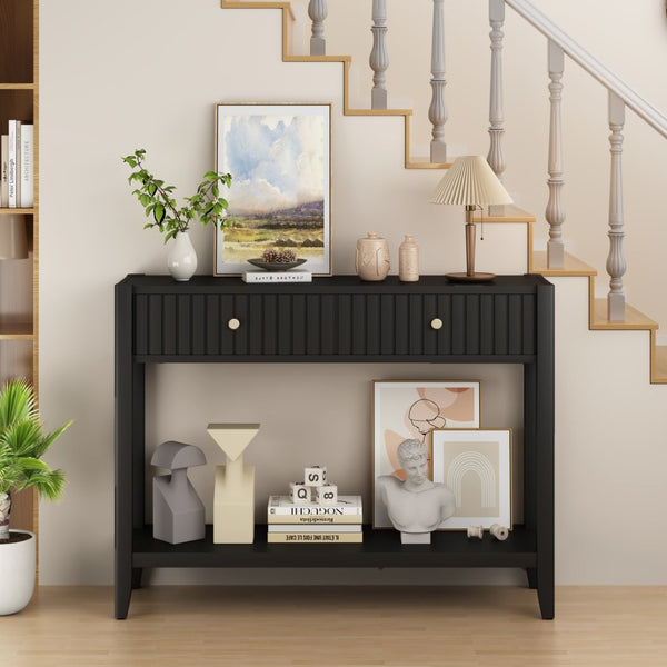 English Elm 29.53" Matte Finish Slim Wood Console Table with Drawers Open Shelf Entryway Hallway Black W808P402128