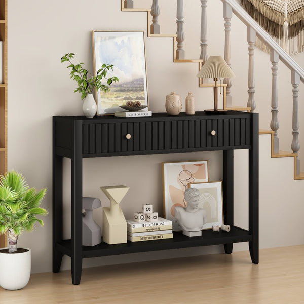 English Elm 29.53" Matte Finish Slim Wood Console Table with Drawers Open Shelf Entryway Hallway Black W808P402128