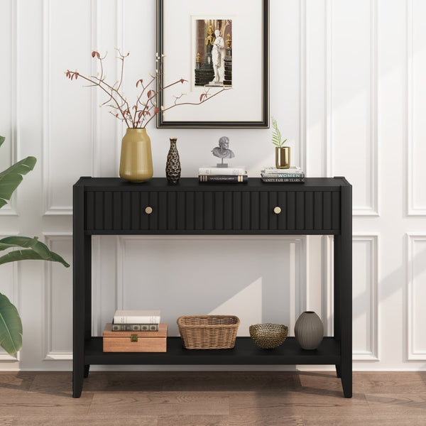 English Elm 29.53" Matte Finish Slim Wood Console Table with Drawers Open Shelf Entryway Hallway Black W808P402128