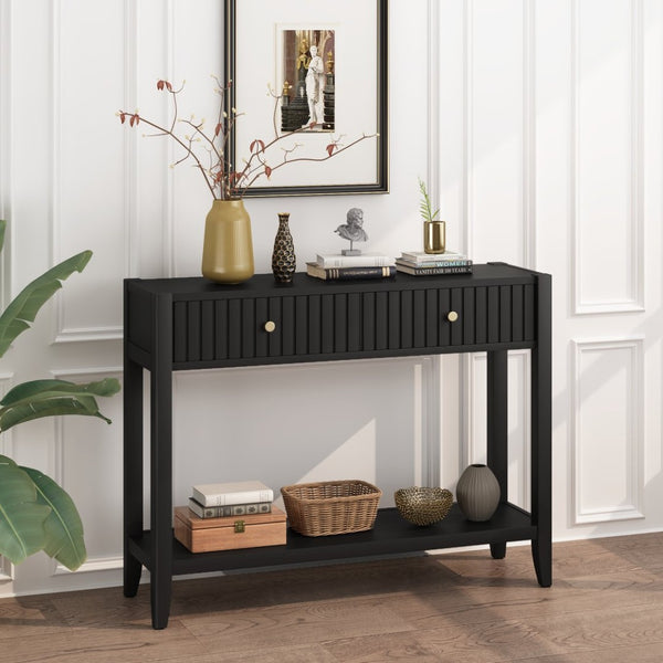 English Elm 29.53" Matte Finish Slim Wood Console Table with Drawers Open Shelf Entryway Hallway Black W808P402128