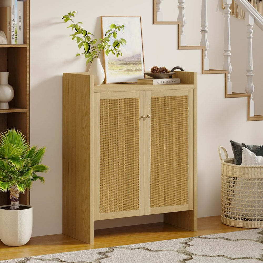 English Elm 42.5 Inch Tall Rattan Door Shoe Cabinet Six Tier Freestanding Organizer for Entryway W808P415446