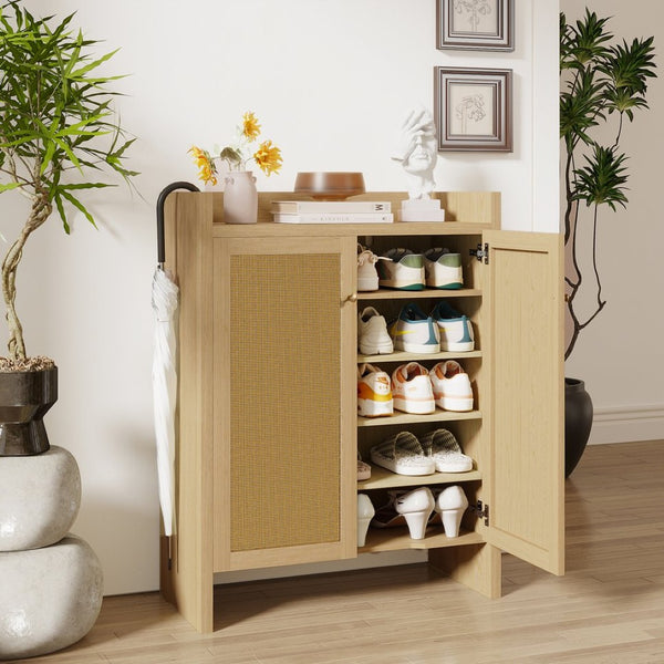 English Elm 42.5 Inch Tall Rattan Door Shoe Cabinet Six Tier Freestanding Organizer for Entryway W808P415446
