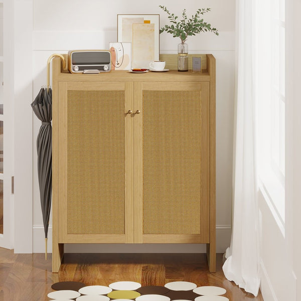 English Elm 42.5 Inch Tall Rattan Door Shoe Cabinet Six Tier Freestanding Organizer for Entryway W808P415446
