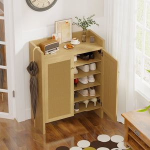 English Elm 42.5 Inch Tall Rattan Door Shoe Cabinet Six Tier Freestanding Organizer for Entryway W808P415446