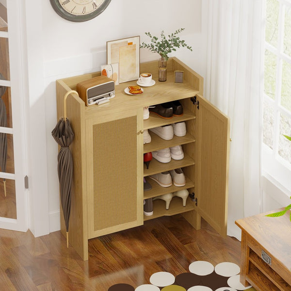 English Elm 42.5 Inch Tall Rattan Door Shoe Cabinet Six Tier Freestanding Organizer for Entryway W808P415446