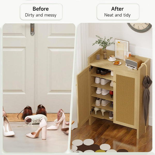 English Elm 42.5 Inch Tall Rattan Door Shoe Cabinet Six Tier Freestanding Organizer for Entryway W808P415446