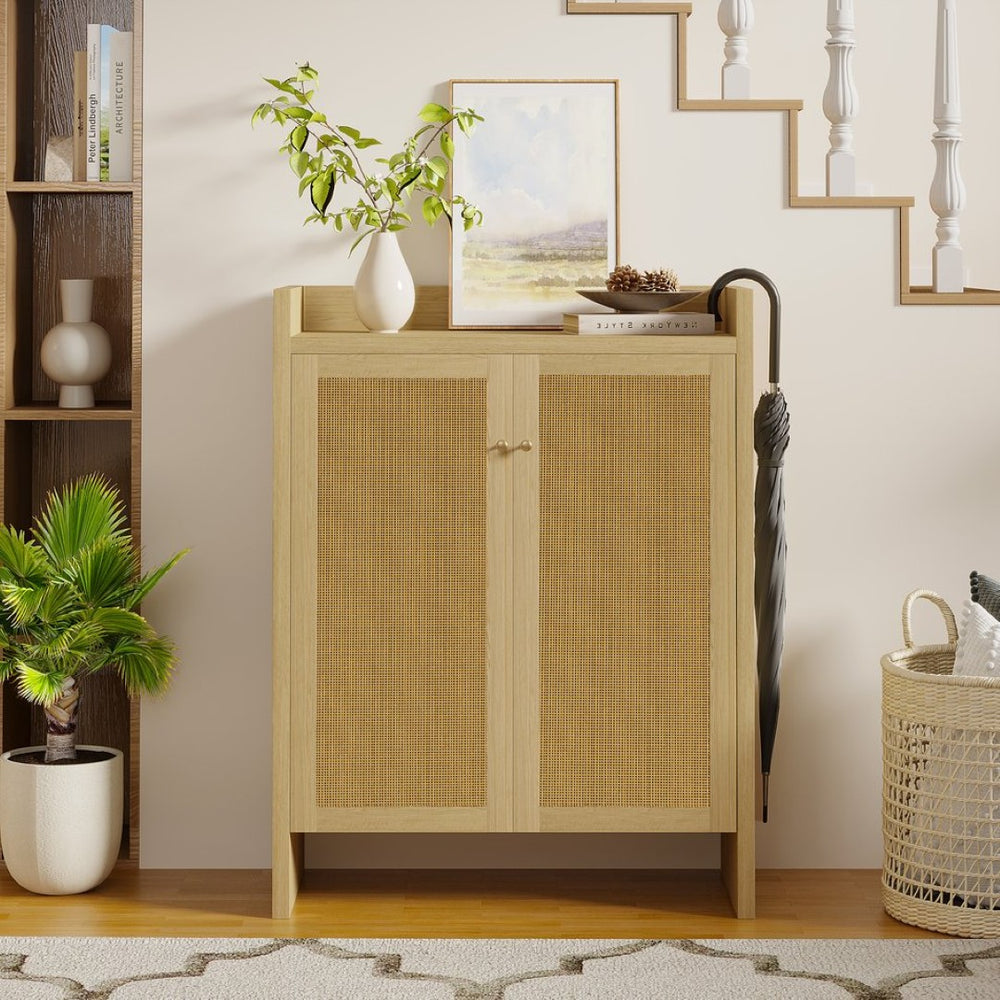 English Elm 42.5 Inch Tall Rattan Door Shoe Cabinet Six Tier Freestanding Organizer for Entryway W808P415446