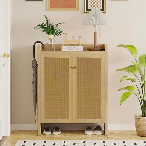 English Elm 42.5 Inch Tall Rattan Door Shoe Cabinet Six Tier Freestanding Organizer for Entryway W808P415446