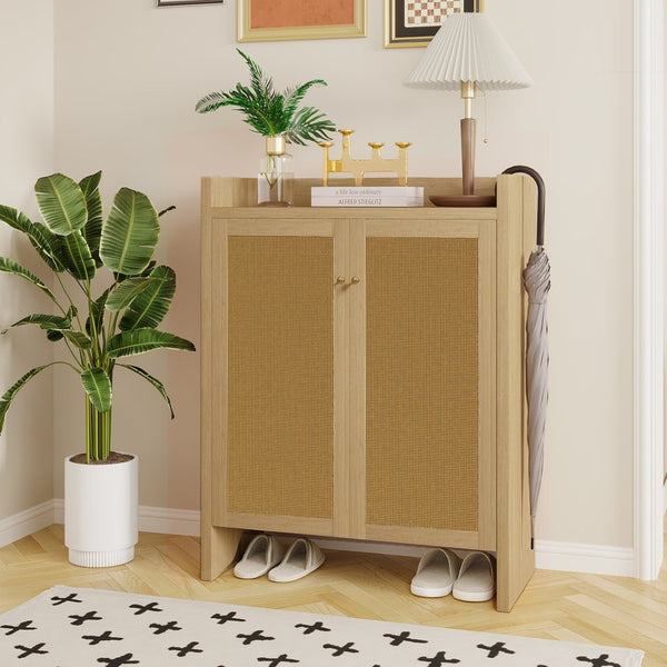 English Elm 42.5 Inch Tall Rattan Door Shoe Cabinet Six Tier Freestanding Organizer for Entryway W808P415446