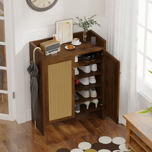 English Elm 42.5 Inch Tall Rattan Door Shoe Cabinet Six Tier Adjustable Entryway Storage Organizer W808P415447