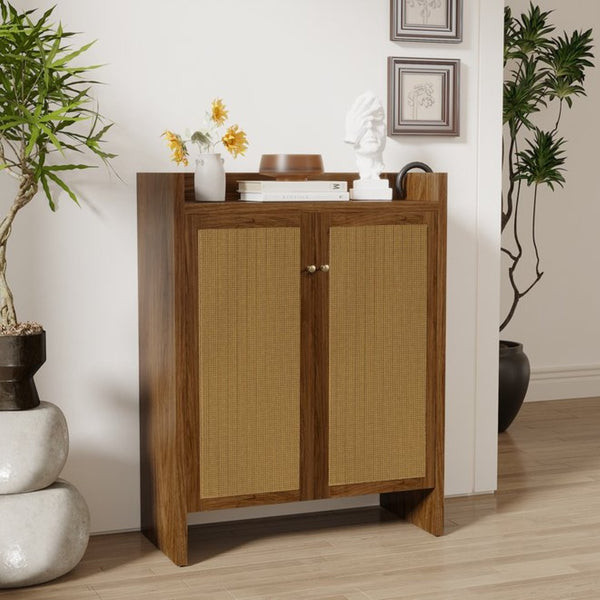 English Elm 42.5 Inch Tall Rattan Door Shoe Cabinet Six Tier Adjustable Entryway Storage Organizer W808P415447