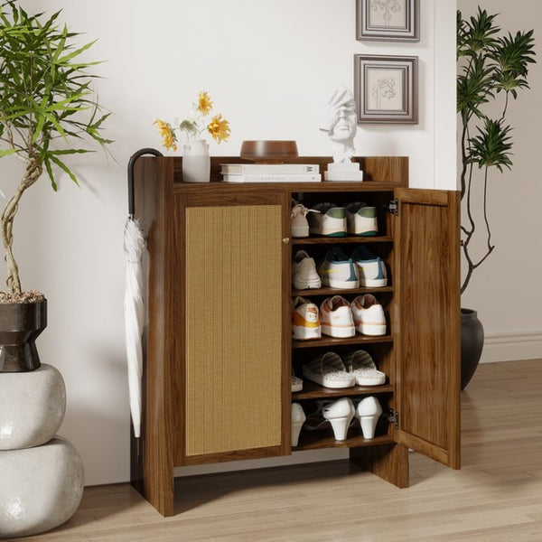 English Elm 42.5 Inch Tall Rattan Door Shoe Cabinet Six Tier Adjustable Entryway Storage Organizer W808P415447