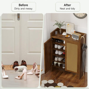English Elm 42.5 Inch Tall Rattan Door Shoe Cabinet Six Tier Adjustable Entryway Storage Organizer W808P415447