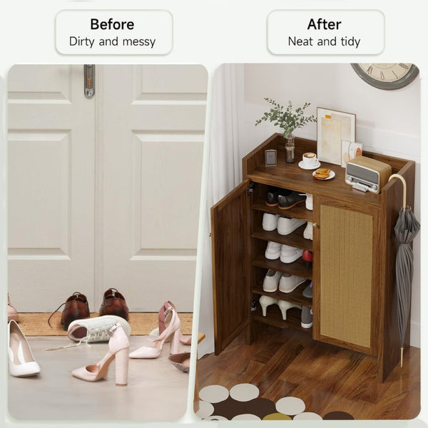 English Elm 42.5 Inch Tall Rattan Door Shoe Cabinet Six Tier Adjustable Entryway Storage Organizer W808P415447