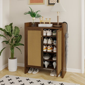 English Elm 42.5 Inch Tall Rattan Door Shoe Cabinet Six Tier Adjustable Entryway Storage Organizer W808P415447