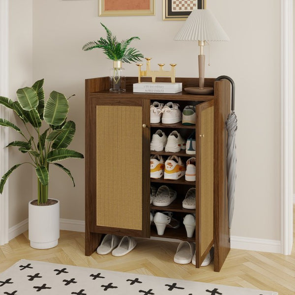 English Elm 42.5 Inch Tall Rattan Door Shoe Cabinet Six Tier Adjustable Entryway Storage Organizer W808P415447