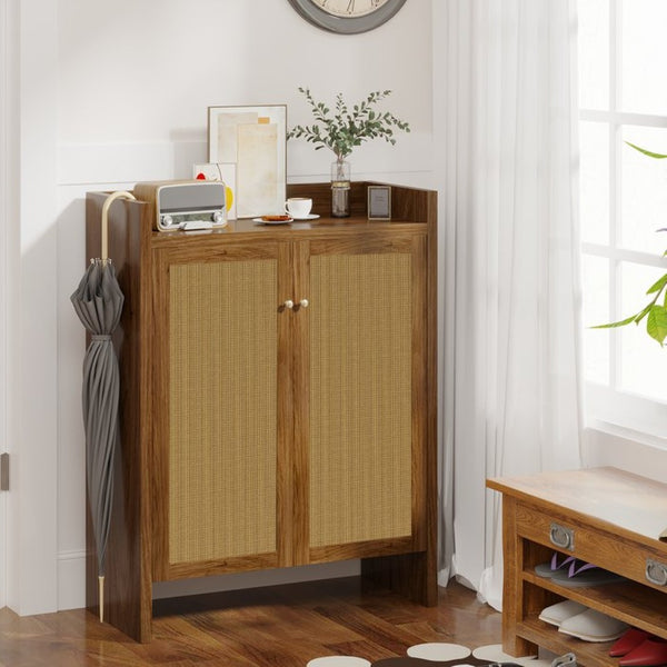 English Elm 42.5 Inch Tall Rattan Door Shoe Cabinet Six Tier Adjustable Entryway Storage Organizer W808P415447