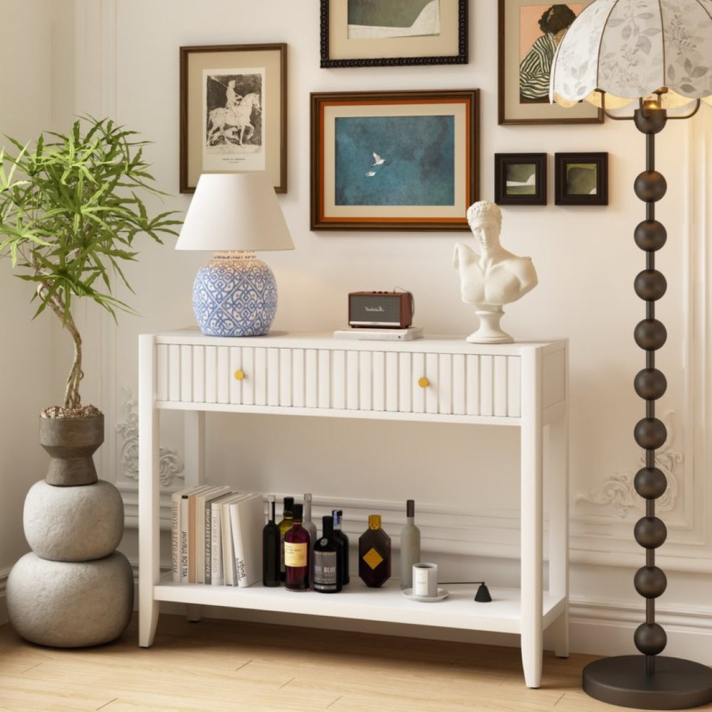 English Elm 29.53" Matte Finish Slim Wood Console Table with Drawers Open Shelf Entryway Hallway White W808P475144