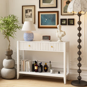 English Elm 29.53" Matte Finish Slim Wood Console Table with Drawers Open Shelf Entryway Hallway White W808P475144