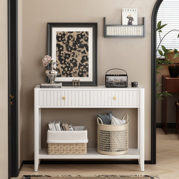 English Elm 29.53" Matte Finish Slim Wood Console Table with Drawers Open Shelf Entryway Hallway White W808P475144