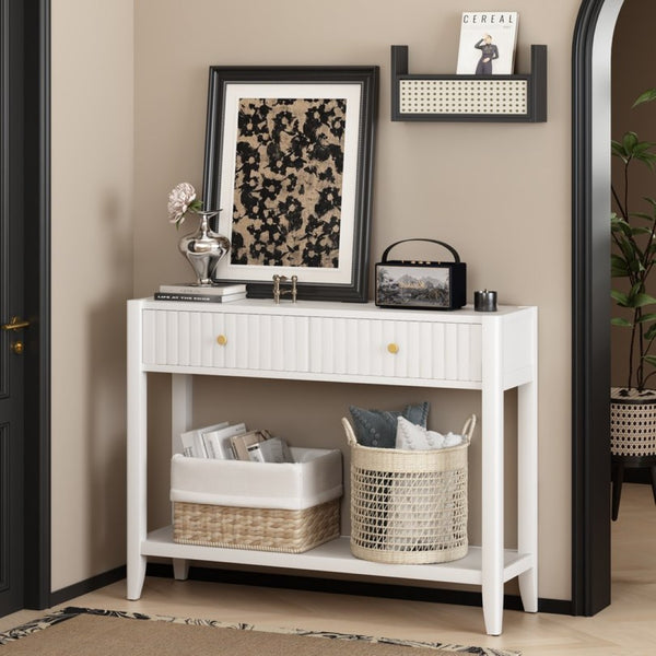 English Elm 29.53" Matte Finish Slim Wood Console Table with Drawers Open Shelf Entryway Hallway White W808P475144