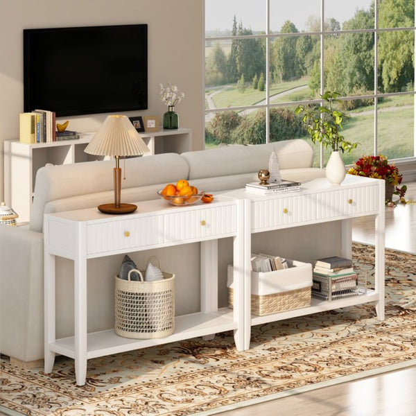 English Elm 29.53" Matte Finish Slim Wood Console Table with Drawers Open Shelf Entryway Hallway White W808P475144