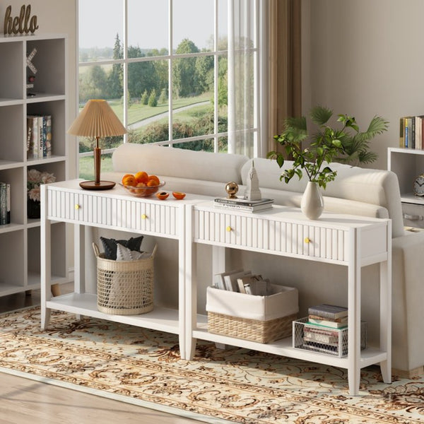 English Elm 29.53" Matte Finish Slim Wood Console Table with Drawers Open Shelf Entryway Hallway White W808P475144