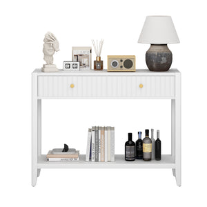 English Elm 29.53" Matte Finish Slim Wood Console Table with Drawers Open Shelf Entryway Hallway White W808P475144