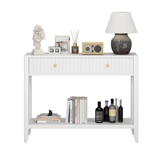 English Elm 29.53" Matte Finish Slim Wood Console Table with Drawers Open Shelf Entryway Hallway White W808P475144