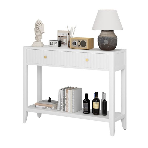 English Elm 29.53" Matte Finish Slim Wood Console Table with Drawers Open Shelf Entryway Hallway White W808P475144
