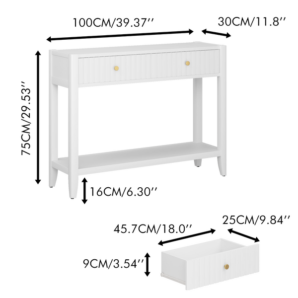 English Elm 29.53" Matte Finish Slim Wood Console Table with Drawers Open Shelf Entryway Hallway White W808P475144