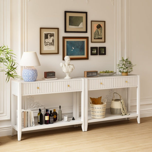 English Elm 29.53" Matte Finish Slim Wood Console Table with Drawers Open Shelf Entryway Hallway White W808P475144