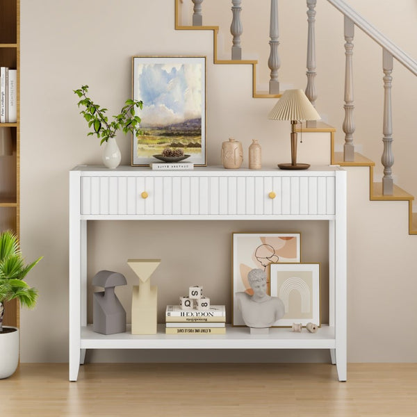 English Elm 29.53" Matte Finish Slim Wood Console Table with Drawers Open Shelf Entryway Hallway White W808P475144