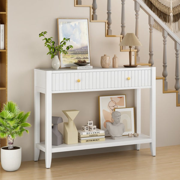English Elm 29.53" Matte Finish Slim Wood Console Table with Drawers Open Shelf Entryway Hallway White W808P475144
