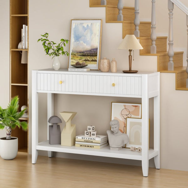English Elm 29.53" Matte Finish Slim Wood Console Table with Drawers Open Shelf Entryway Hallway White W808P475144