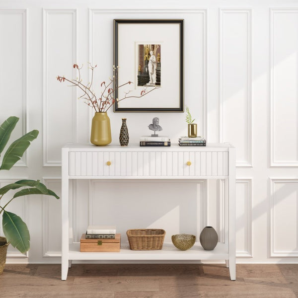 English Elm 29.53" Matte Finish Slim Wood Console Table with Drawers Open Shelf Entryway Hallway White W808P475144
