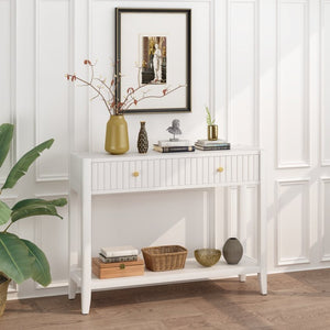 English Elm 29.53" Matte Finish Slim Wood Console Table with Drawers Open Shelf Entryway Hallway White W808P475144