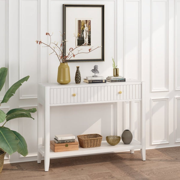 English Elm 29.53" Matte Finish Slim Wood Console Table with Drawers Open Shelf Entryway Hallway White W808P475144