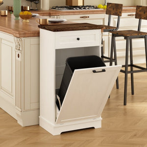 English Elm 13 Gallon Tilt Out Wood Trash Cabinet with Drawer Antique White Kitchen Storage Unit W808P477209