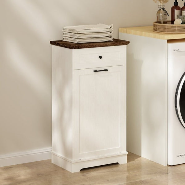 English Elm 13 Gallon Tilt Out Wood Trash Cabinet with Drawer Antique White Kitchen Storage Unit W808P477209