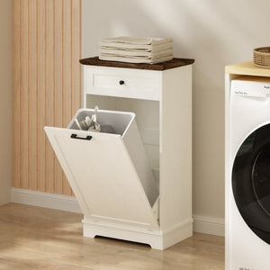 English Elm 13 Gallon Tilt Out Wood Trash Cabinet with Drawer Antique White Kitchen Storage Unit W808P477209
