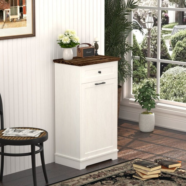 English Elm 13 Gallon Tilt Out Wood Trash Cabinet with Drawer Antique White Kitchen Storage Unit W808P477209