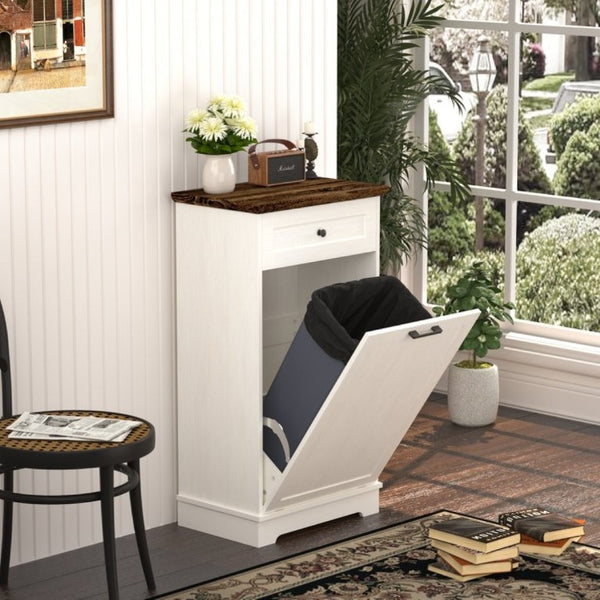 English Elm 13 Gallon Tilt Out Wood Trash Cabinet with Drawer Antique White Kitchen Storage Unit W808P477209