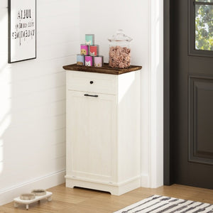 English Elm 13 Gallon Tilt Out Wood Trash Cabinet with Drawer Antique White Kitchen Storage Unit W808P477209