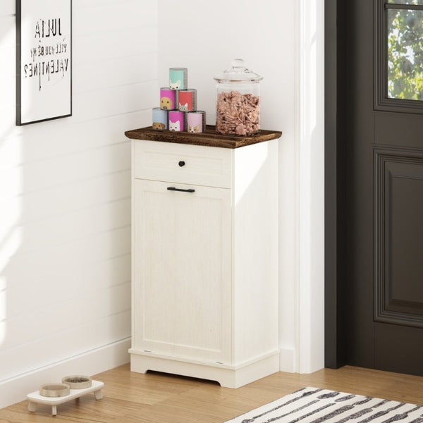 English Elm 13 Gallon Tilt Out Wood Trash Cabinet with Drawer Antique White Kitchen Storage Unit W808P477209