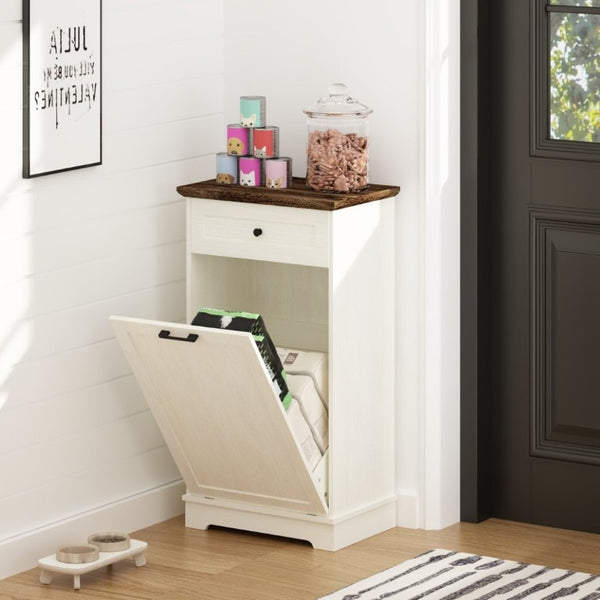 English Elm 13 Gallon Tilt Out Wood Trash Cabinet with Drawer Antique White Kitchen Storage Unit W808P477209