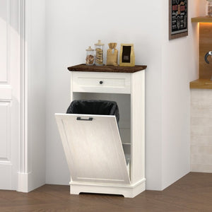 English Elm 13 Gallon Tilt Out Wood Trash Cabinet with Drawer Antique White Kitchen Storage Unit W808P477209